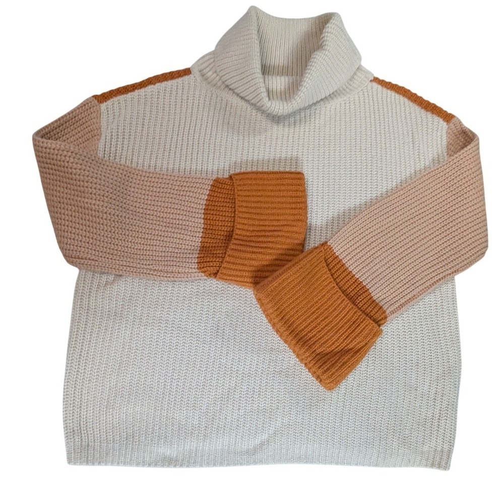 Simplee Colorblock Oversized Turtleneck Sweater Size M Burnt Orange Cream Boho